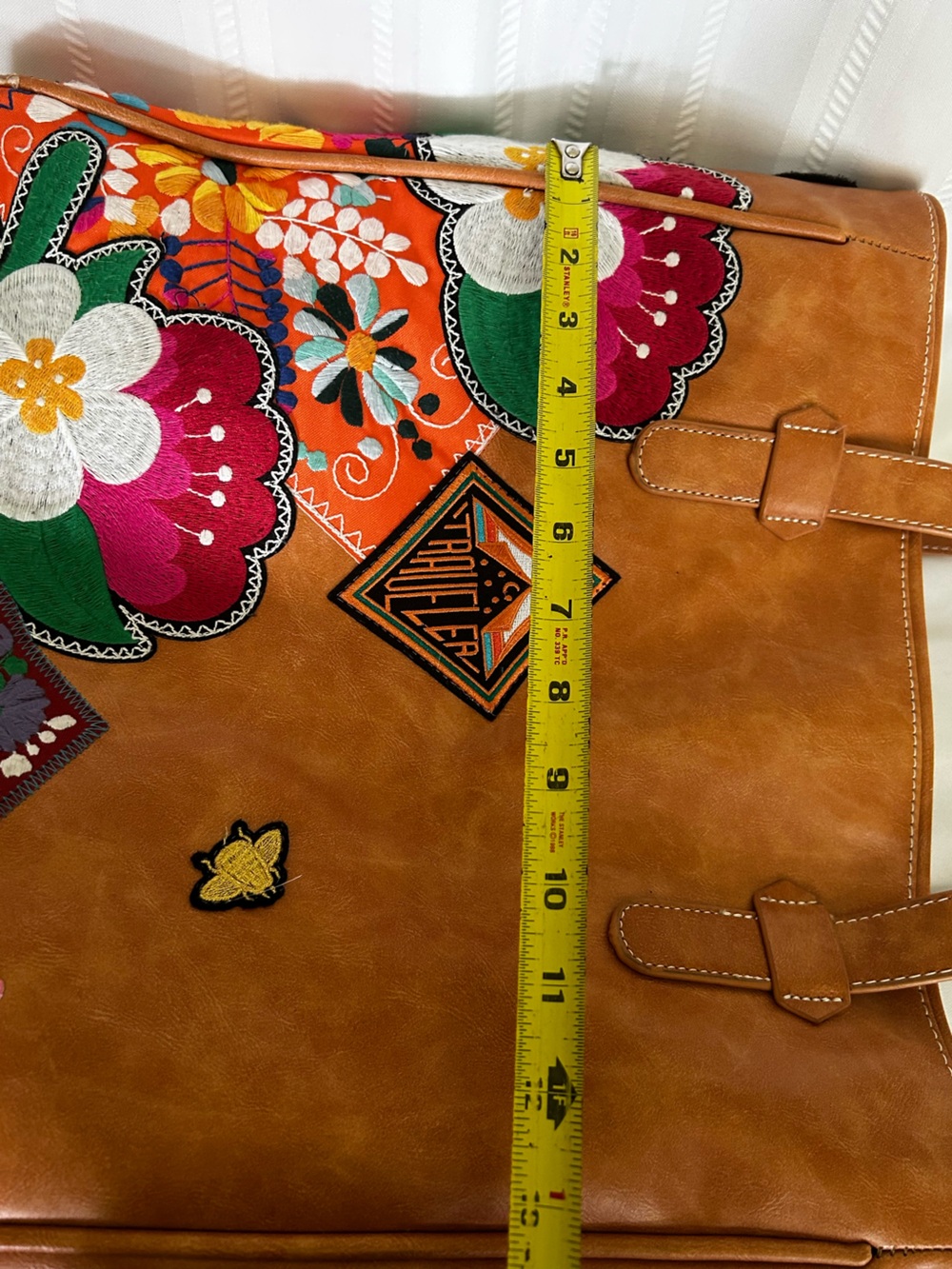 Plunder Tote Bag Camel Brown Faux Leather Multicolor Floral Bee Butterfly Patch - Picture 15 of 15